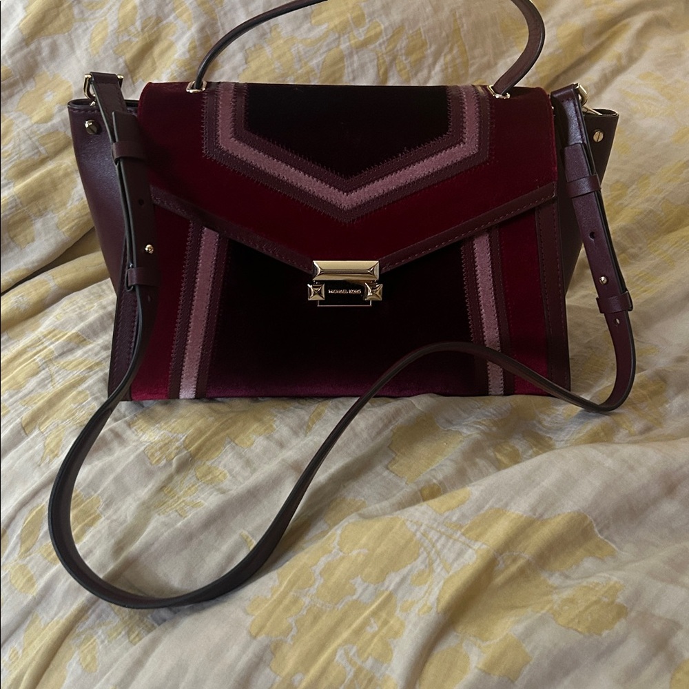 Michael Kors Large Whitney Velvet Oxblood and Pink Satchel - Picture 6 of 7